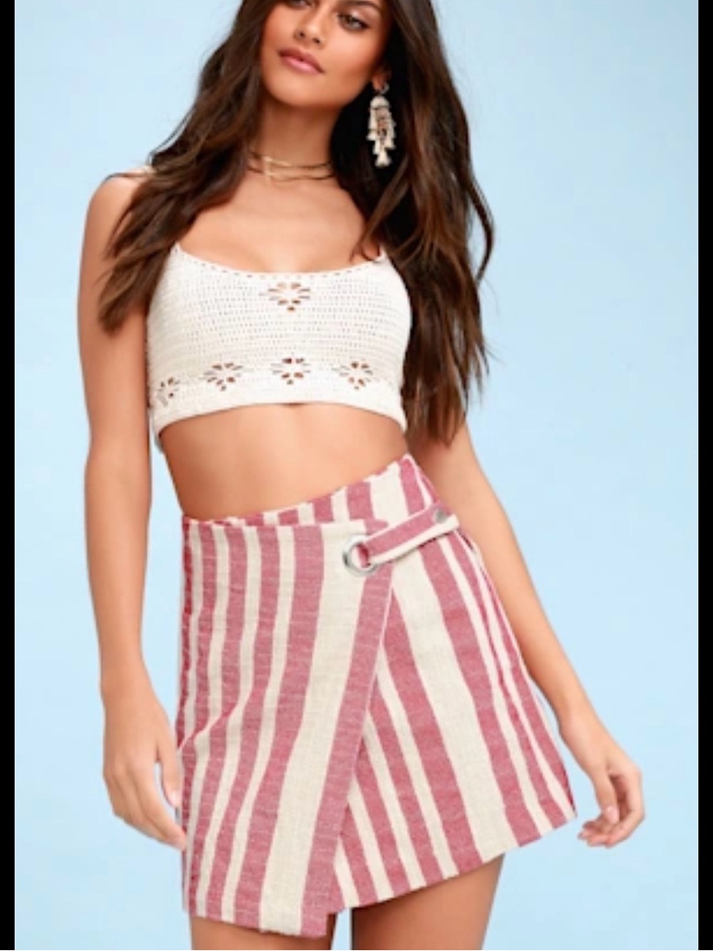 Free People Cream & Red Striped Wrap Skirt with Signature Tag